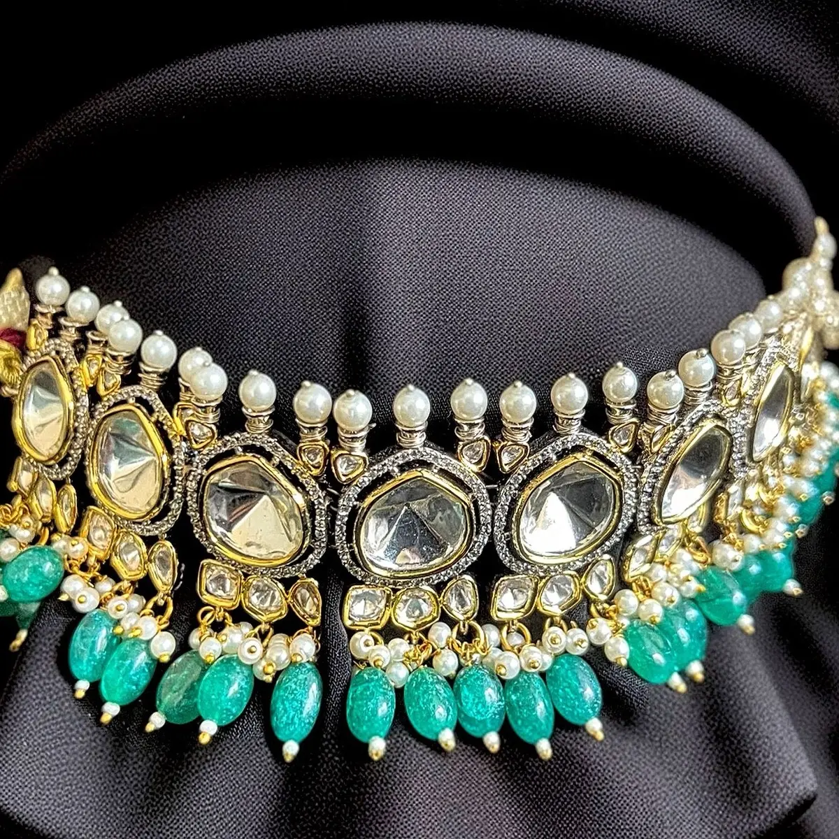 Emerald Green with Gold Combination CZ Stone and Pearl Beads Choker Necklace