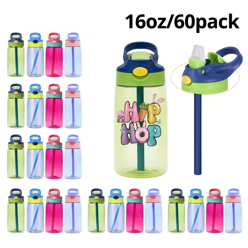 60-Pack 16oz Plastic Flip Straw Kids Water Bottles , Hydration Tumblers with Straws - Leakproof, Lightweight, Child-Friendly Tumbler for School Use, Durable Portable Drinkware for Kids’Daily Use