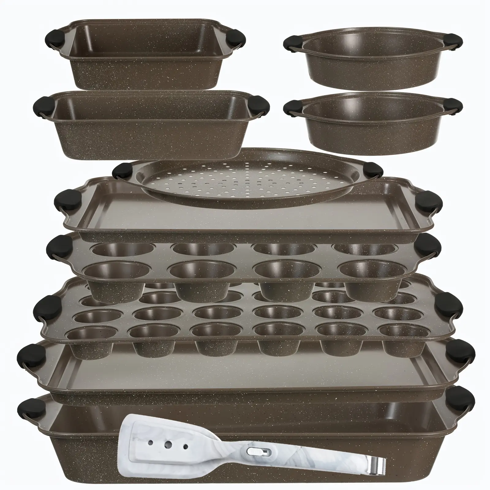 11-Piece Coffee Marble Nonstick Carbon Steel Rectangular Baking Pan Set - Food-Grade Kitchenware, Oven-Safe Up to 230°C, Heat-Resistant, Dishwasher-Safe, Stackable Bakeware with Cookie Sheets for Home Everyday Meals, 11-Piece Variety