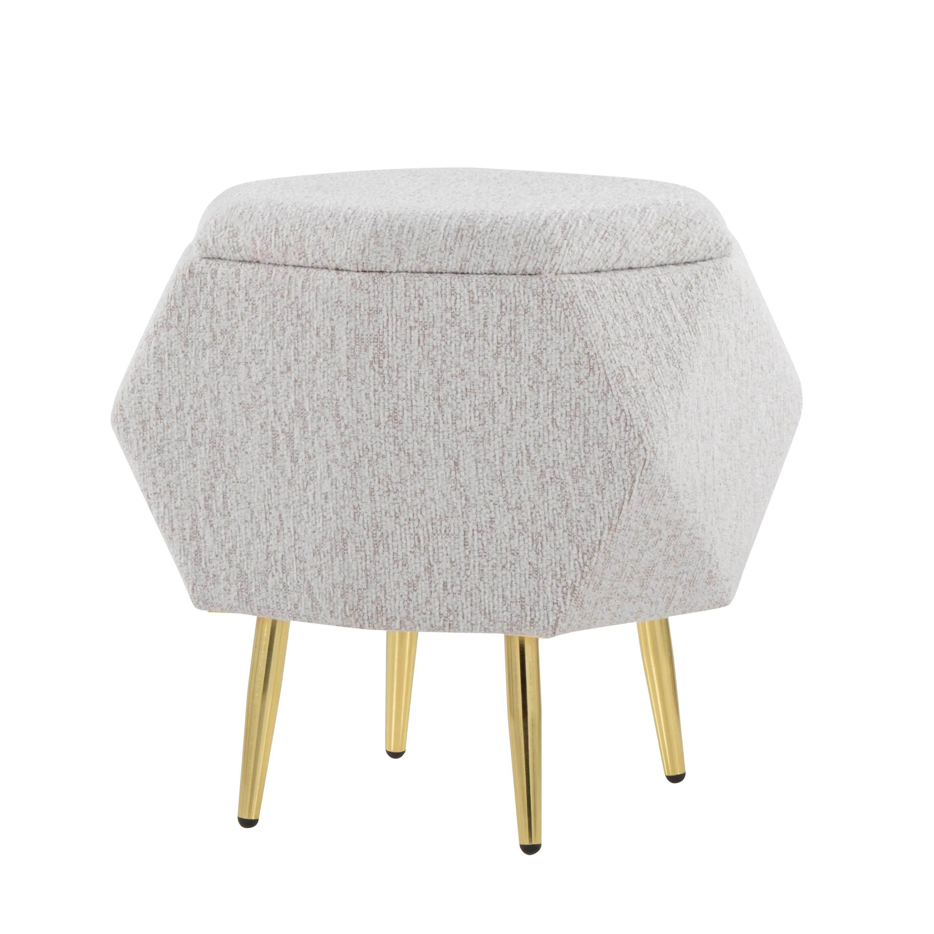 Storage Ottoman with Gold Metal Base and Light Grey Fabric Upholstery