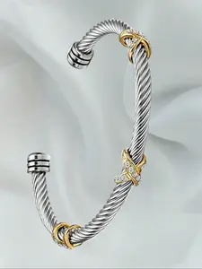 Women's Adjustable Stainless Steel Twisted Cable Bracelet with Zirconia Stones, Casual Cross Color Design, All Season Jewelry Accessory