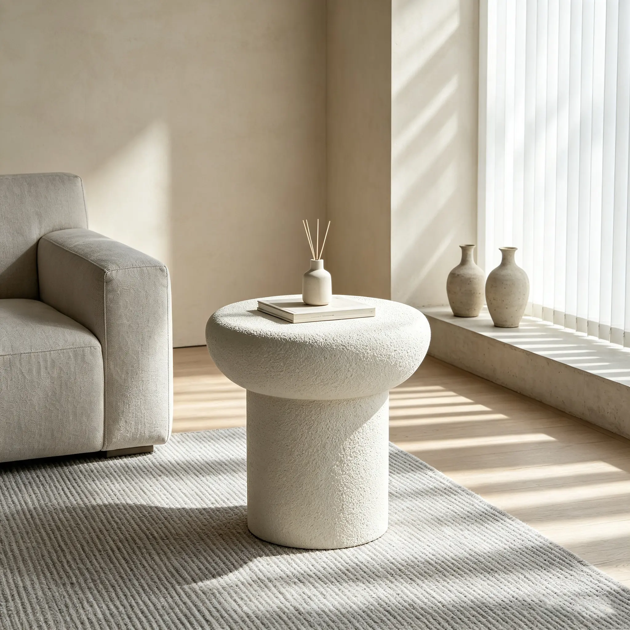 19.69''×19.69''×19.69'' Round Mushroom Fiberglass Coffee Table, Stone Textured Low Profile Accent Table for Living Room, No Need Assembly., No Assembly Required