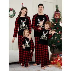 FamilyChristmasPajamasSet,CartoonReindeerPrintTops,StripedPlaidPants,CasualLongSleeveSleepwearforAllSeasons