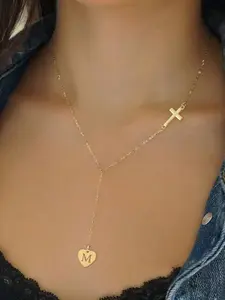 Heart-Shaped Initial Cross Pendant Necklace for Women, Classic Stainless Steel Chain, Elegant Letter Pattern, All Seasons Jewelry