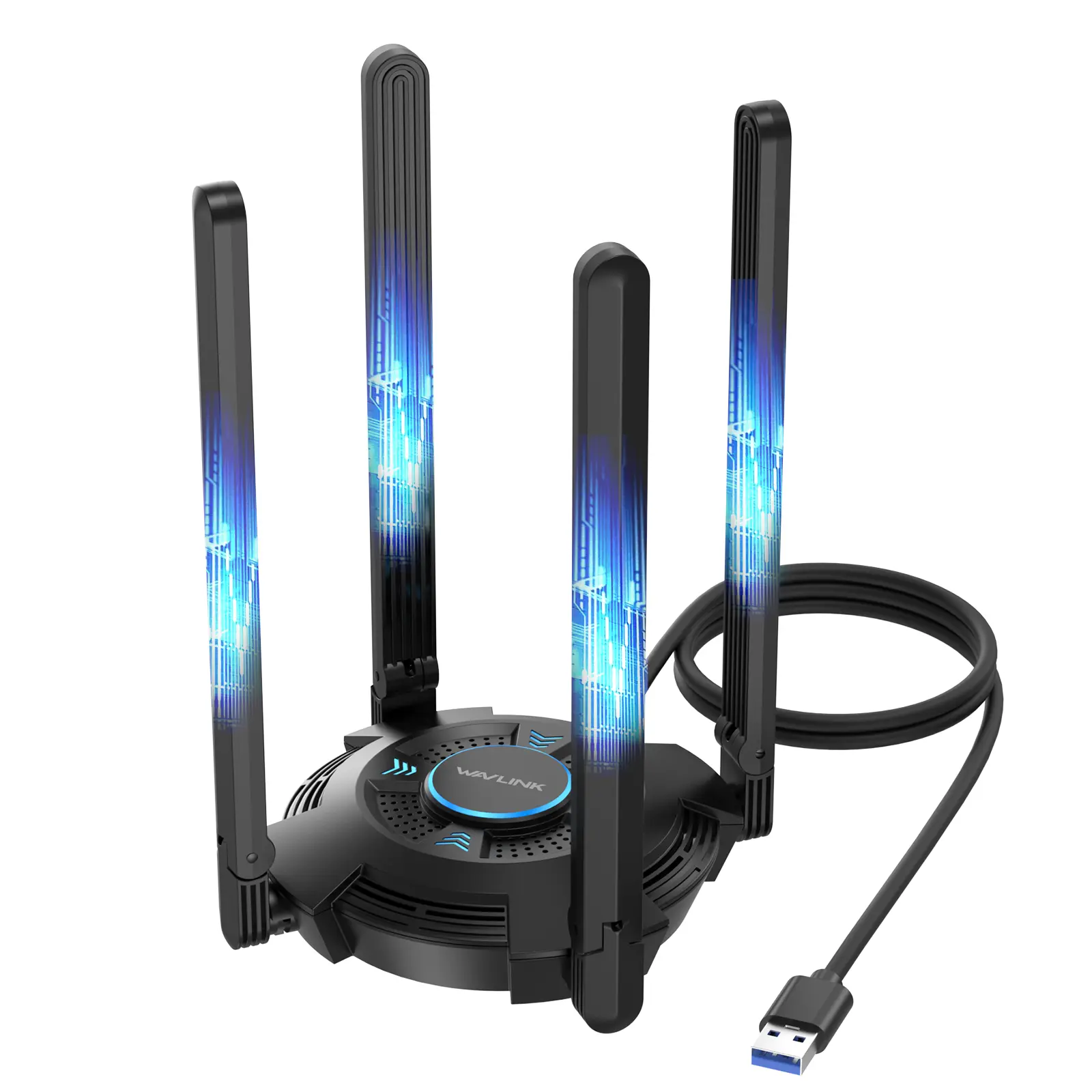 WAVLINK AX5400 WiFi 6 (802.11ax) Tri-Band USB 3.0 Wireless Adapter for Windows 11/10 PCs, 6GHz/2402Mbps, 5GHz/2402Mbps, 2.4GHz/573Mbps, 4xHigh-Gain 5dBi Rotatable Antennas, 1024QAM, OFDMA, WPA3, Built-In Drivers, Ambient Lighting Support, 1M USB 3.0 Cable