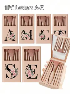 5-Piece Portable Makeup Brush Set with Mirror Case, Floral Pattern and Black A–Z Lettering, Multi-Purpose Brushes for Beginners, Gift-Boxed and Ideal as a Present