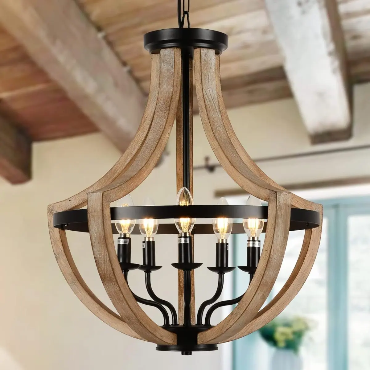 19" Brown Solid Wood Barn Style Chandelier - 5-Light E12 Dimmable, Adjustable Detachable 18-20 Inch AC Powered Pendant & Flush Mount Ceiling Light for Dining Room, Kitchen Island, Adjustable Detachable Chandeliers, 18-20 Inch Chandeliers