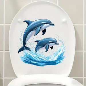 Happy Dolphin Toilet Seat Cover, Ocean Animal Decor for Bathroom and Restroom Walls, Doors, Refrigerators, Windows, Perfect Holiday Gift, Bathroom Accessory