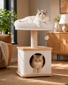 [On Sale] Purrlato Modern Solid Wood Cat Tree for Indoor Cats, Compact Wooden Cat Tower with Cozy Condo, Full-Wrap Scratching Posts, Plush Perch & Interactive Toy, Stylish Cat Furniture for Small Spaces & Apartments