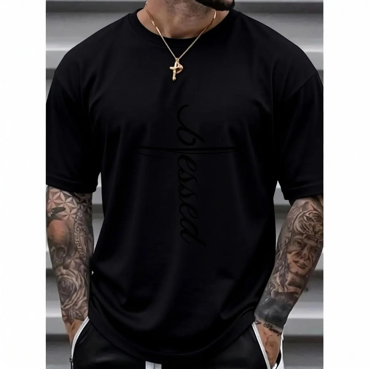 Men's 100% Cotton Short-Sleeve Round Neck Clothes - Large & Tall Fashion Streetwear Top, Easy-Washing Casual Summer Tee with Cross "Blessing" Letter Graphic Print