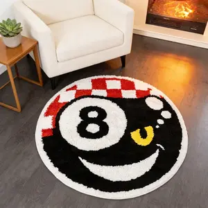 Ball Pool Rug, Soft Plush Bedroom Mat, Fuzzy Rug, Non-Slip Floor Carpet Pad, Casual Style, Round 8-Ball Design, Universal Setting, Indoor Floor Mat