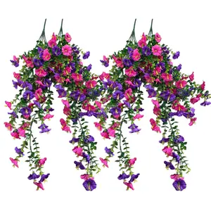 4 Piece Outdoor Realistic Hanging Flowers, Faux Hanging Plant, Fake Flowers for Outdoor, Decorative Faux Flowers, Artificial Flower Decor, Silk Bellflower with Eucalyptus Leaves, UV Resistant, Home Garden Decoration