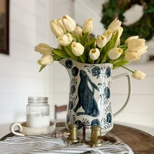 10" Hand Painted Flower and Bunny Pitcher/Vase - Unique Home Decor
