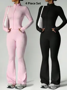 4-Piece Set Women's Loungewear  Solid Color Long Sleeve Zip Up Jacket Flared Wide Leg Pants High Stretch Hip Lifting Slim Fit Soft Comfortable Yoga Outfit Fashion Casual Versatile For Home Daily Shopping Vacation Party High End Pajama Set