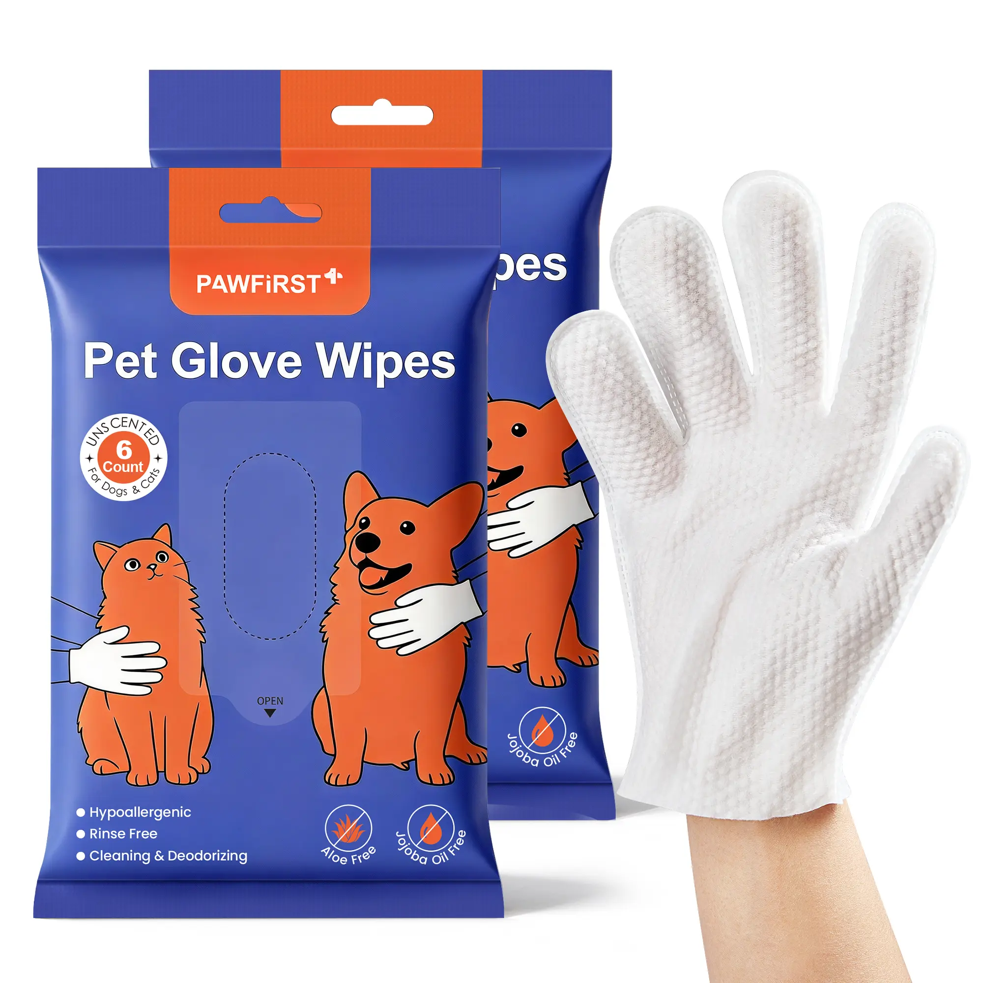 PawFirst 12 Pcs Pet Cleaning Glove Wipes (2 Pack, 6 Gloves Each), 9" No-Rinse Hypoallergenic Grooming Gloves for Dogs & Cats, Gentle Paw Face Ear & Body Cleansing