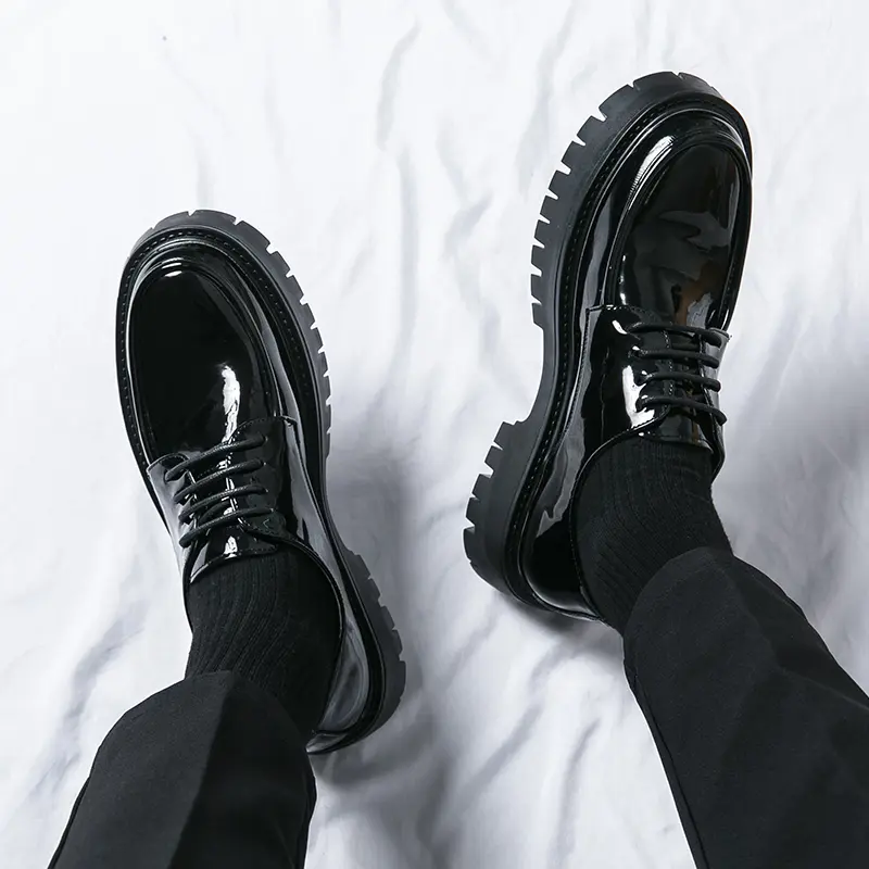 Men's Leather Platform Lace-Up Oxford Footwear - Chunky Heel, Lug Sole, Round Toe, Elevator Thick-Sole Derby Shoes for Work, Office, Oxford Shoes