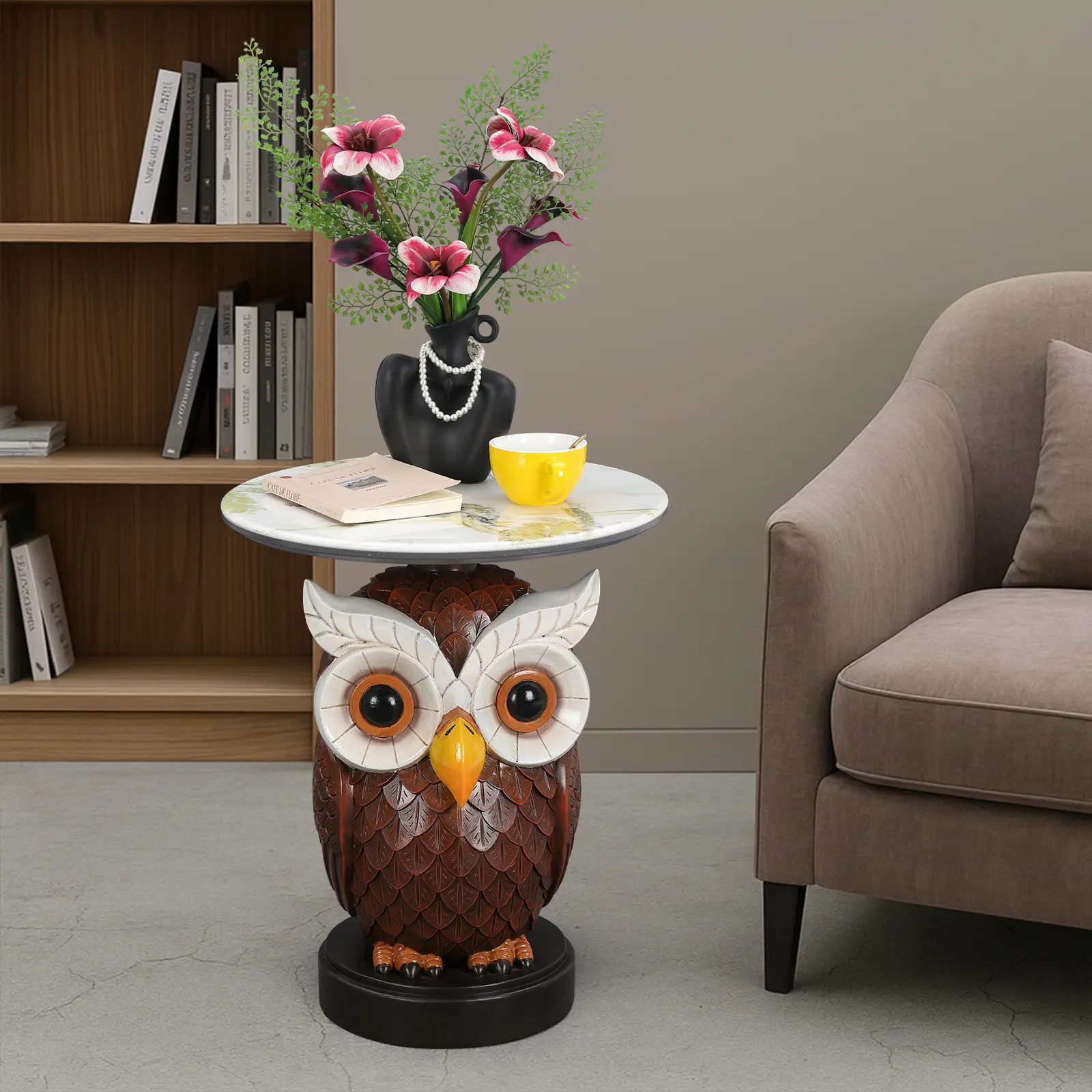 Owl Accent Table Animal Statue End Table for Living Room, Decorative Wood Side Table Nightstand, Unique Owl Sculpture Furniture for Home Decor, Small Space Table, 1-Pack, Living Room Table for Sofa Side, Bedroom, Office, Apartment and Home Decor