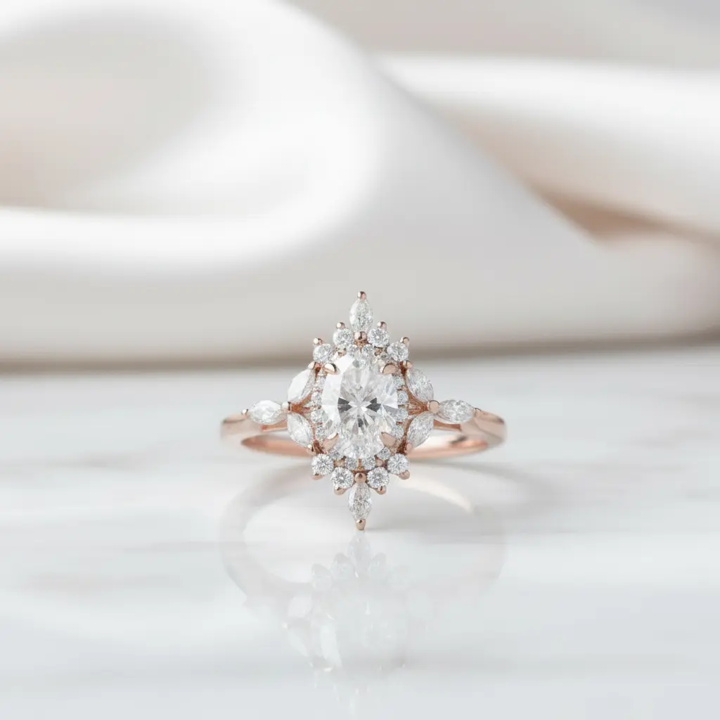 14k Gold Oval Cut 1.0 Ct Diamond Option Antique Flower Engagement Ring