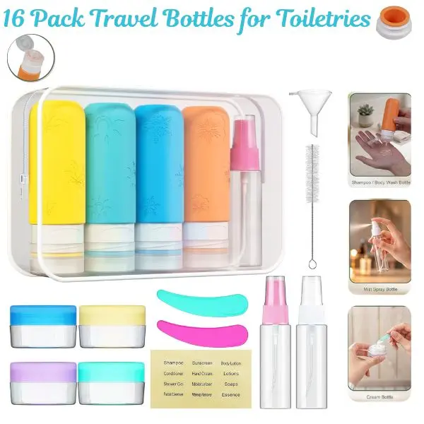 16-Pack Modern Travel Toiletry Organiser Bottles - TSA-Approved Silicone Leak-Proof Refillable Containers with Lid for Shampoo, Conditioner