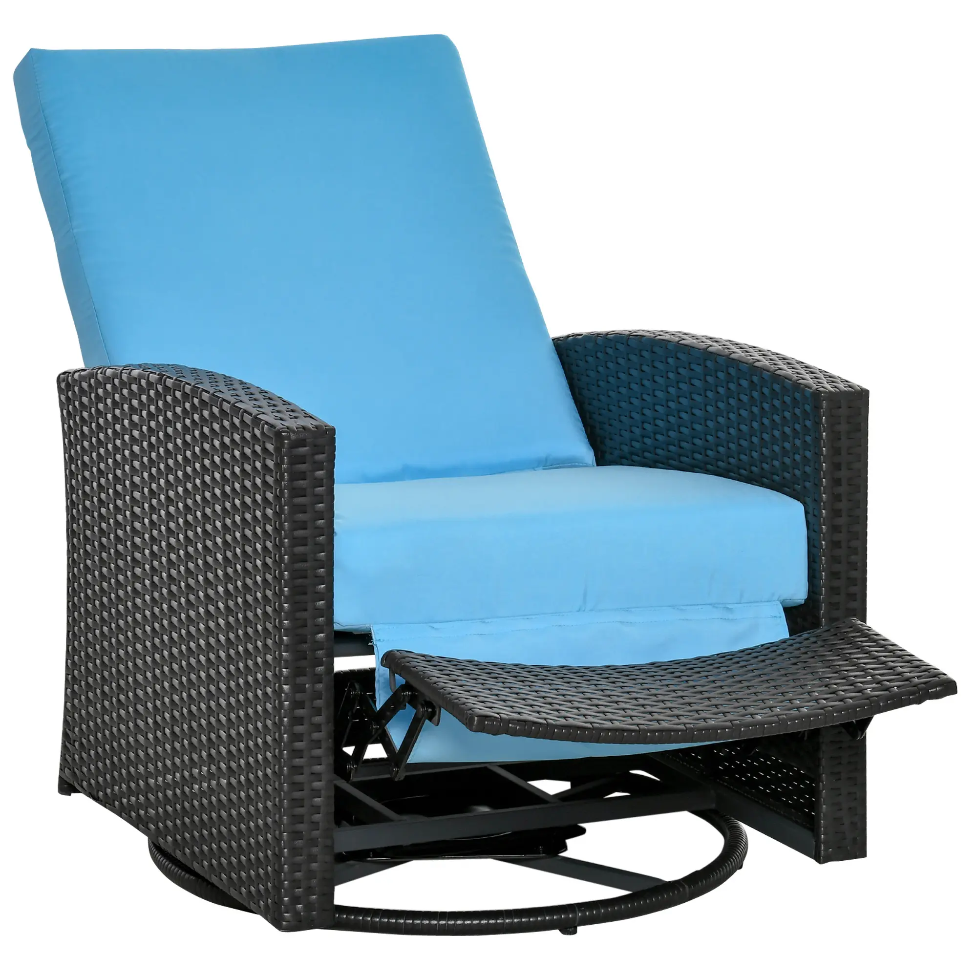 Outsunny Outdoor Wicker Swivel Recliner Chair - Handwoven Plastic Large Adjustable Sunlounger, 360° Rotating, Reclining Backrest, Lifting Footrest, Water-Resistant Cotton Cushions, Recline Lift, 23x19" Seat, Outdoor Wicker Furniture for Poolside Spaces