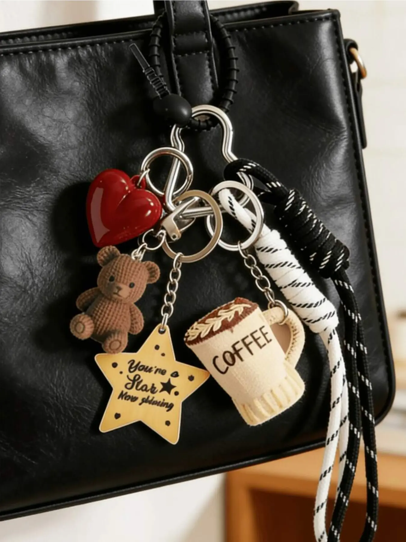 A cute bear and coffee cup lady keychain, fabric star cup bear pendant, romantic red heart star bag accessory, woven rope keychain, Y2K backpack pendant accessory