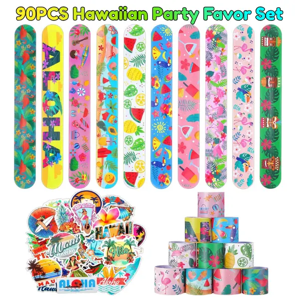 90PCS Hawaiian Party Favor Set Luau Tropical Slap Bracelets Stickers Beach Pool Birthday Goody Bag Piñata Fillers Summer Party Supplies