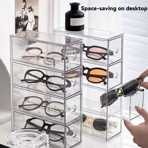 UFORU Integrated 4-Compartment Drawer Glasses Storage Box | Clear Acrylic Sunglasses Organizer | Dustproof Anti-Scratch Eyewear Display Case For Home Vanity Desk