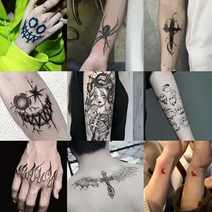 9 herbal tattoo stickers, suitable for Halloween costumes and role-playing, including Medusa, clown, cross, flame elements, lasting 7-15 days, waterproof and wear-resistant, realistic effect, suitable for those who are afraid of pain or don't want tattoos
