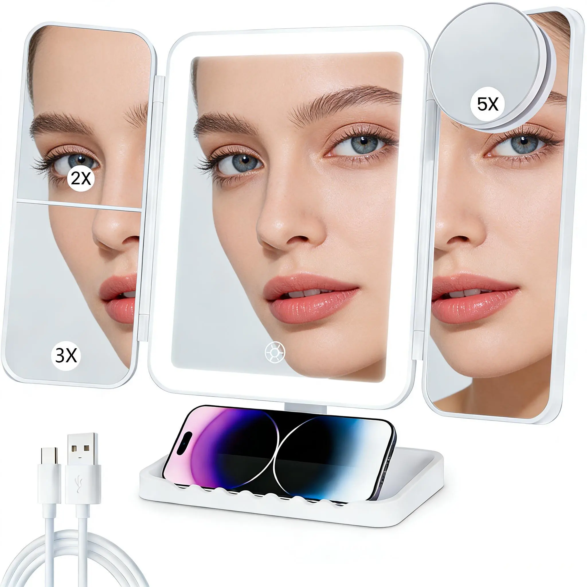 SummerVibes Tri-Fold LED Lighted Mirror - Rechargeable, 48 LED Lights, 2X-3X-5X Magnifying Vanity Mirror, USB/AAA Battery Powered, Stepless Dimming, Touch Control, Adjustable, Travel Ready, Dorm/Office Use, Ideal for Detail Work, Gifts for Women