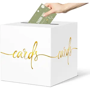 White Card Box with Gold Foil Design, 8.7" Paperboard Box for Birthday Wedding Party Graduation Retirement Anniversary Valentine's Day Baby Showers Raffle or Money Box