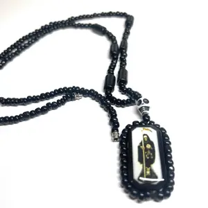 Santa Muerte 15 inches Necklace with 1.5 Inches Pendant Black Beads Unique Design Cuban Link Chain Gold Plated Amulet