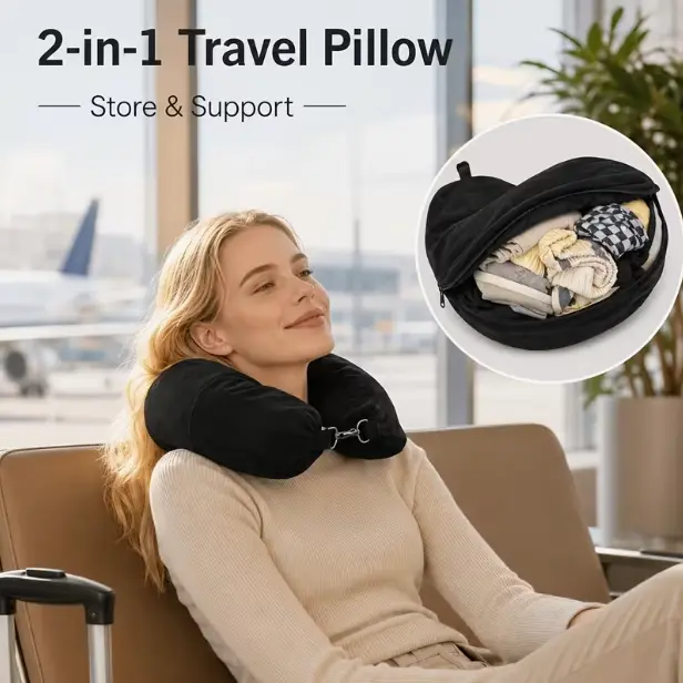 Stuffable Travel Neck Pillow, U-Shaped Fillable Headrest with Zipper, Soft Plush Case Converts Clothes into Support Pillow, Space-Saving Carry-on Essential