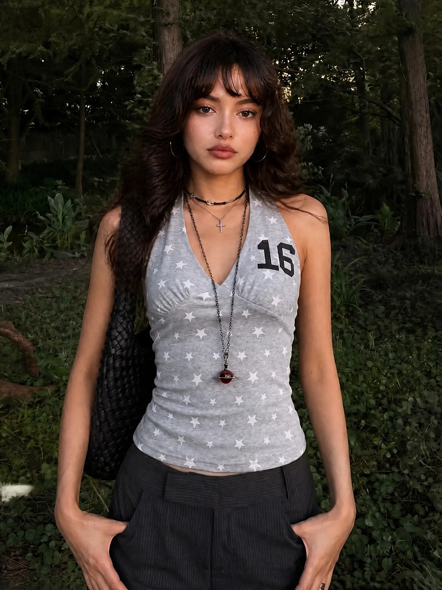 Women’s Grey Halter Neck Tank Top - Star Pattern 16 Graphic V-Neck Cami with Backless Cut, Asymmetric Look, Retro Casual Streetwear Style Sleeveless Summer Piece[6886] beach boho plain slim-fitting daily commute wear strap stretchy white tube knit elastic