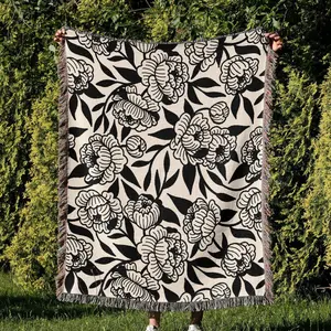 Traditional Peony Tattoo Sherpa Blanket | Gift For Boho B&W Floral Tattoo Tapestry Fans Velvet Blanket | Soft Fleece Blanket Tattoo Lovers Gift Woven