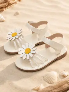 Girls' Multicolor Daisy Floral Flat Beach Sandals, Velcro Closure, Non-Slip Soft Sole, Breathable Open-Toe, Summer Beach/preschool Wear, Comfortable & Fresh
