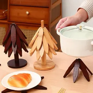 Artisanal Wooden Coasters Trivets Set - Christmas Coaster, Natural Tree Trivet Set includes 4 Wooden Trivets and 1 Stand Heat-Resistant Foldable Design Durable & High-Quality Solid Wood - Ideal for Hot Dishes, Bowls, Pots,Teapots Christmas Essentials