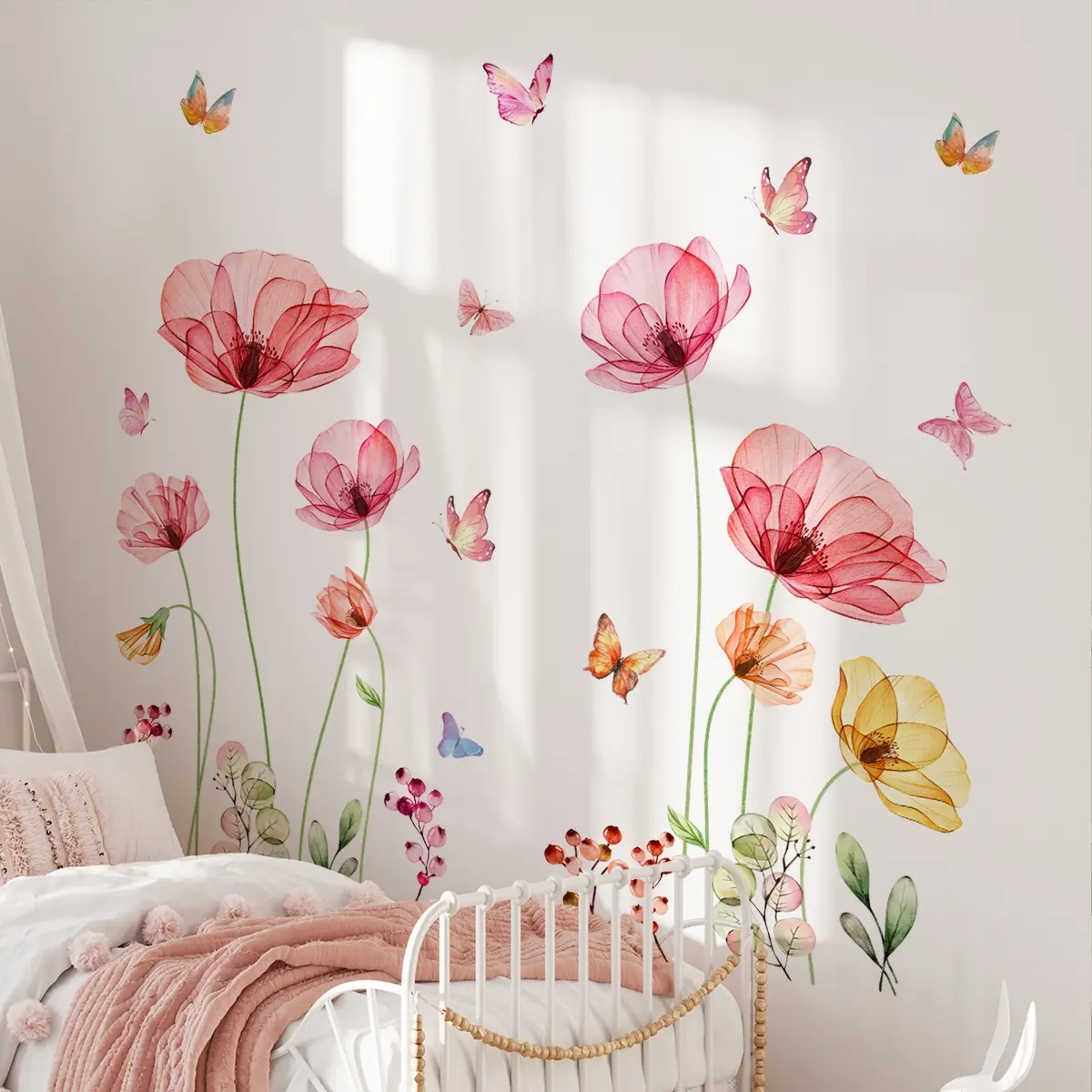A set of two (30*90cm*2pcs) creative semi-transparent colored flower and butterfly spring art wall stickers for living room and bedroom decoration background wall decals Decorative Decal (M16527-KX)