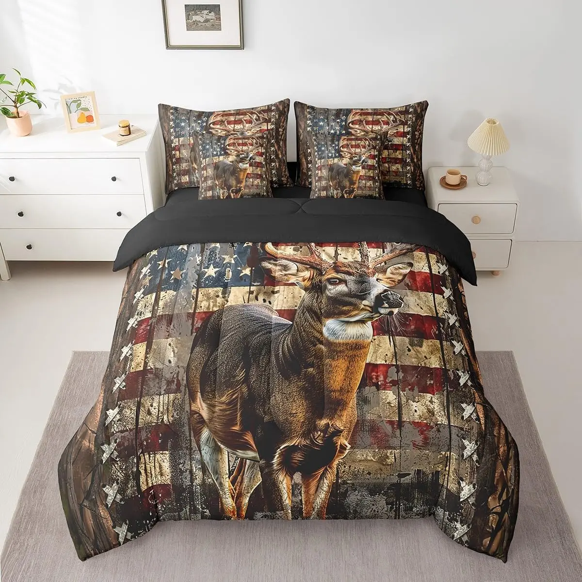 Feelyou 7-Piece Microfiber Bedding Set - Hunting Theme with American Flag & Wild Deer Print, Soft Bed Comforter with Sheet Sets, Machine Washable, Multi-Size for Boys, Bed Comforter Set, Bed Cover Set, Quilt Set Bedding