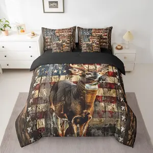 Deer Hunting Comforter Set with Sheets,American Flag 7 Piece Bedding Set for Boys Girls,Wild Animal Deer Bed in a Bag,Soft Down Bedding Comforters
