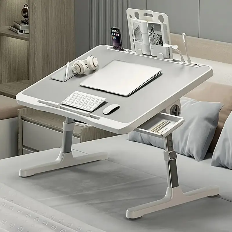 Adjustable Height Laptop Bed Table with USB Charging Port Foldable Handle Card Slot & Drawer for Students Remote Workers Dormitory Bedside Home Office