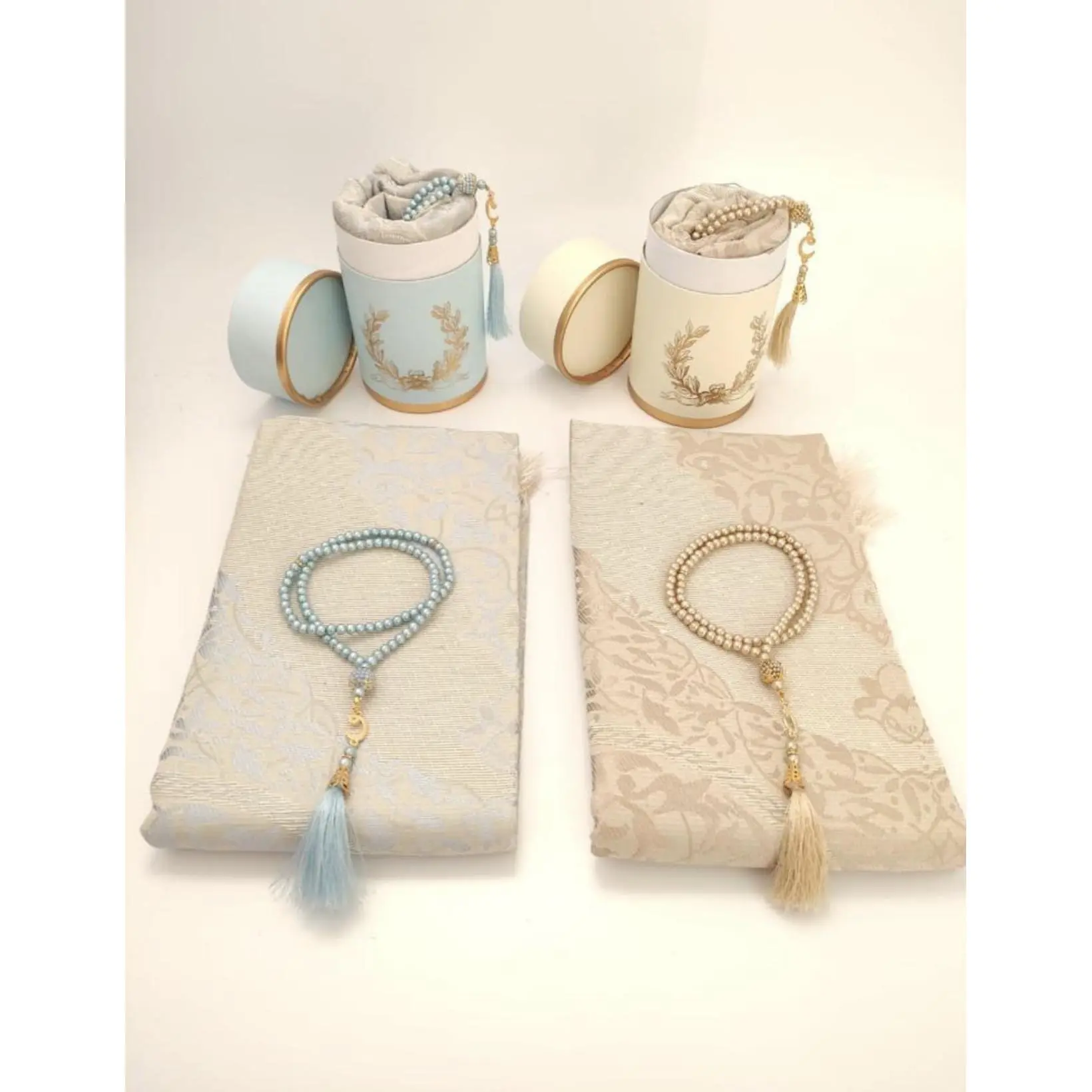 Muslim Prayer Rug and Prayer Beads with Elegant Cylinder Gift Box Multiple color