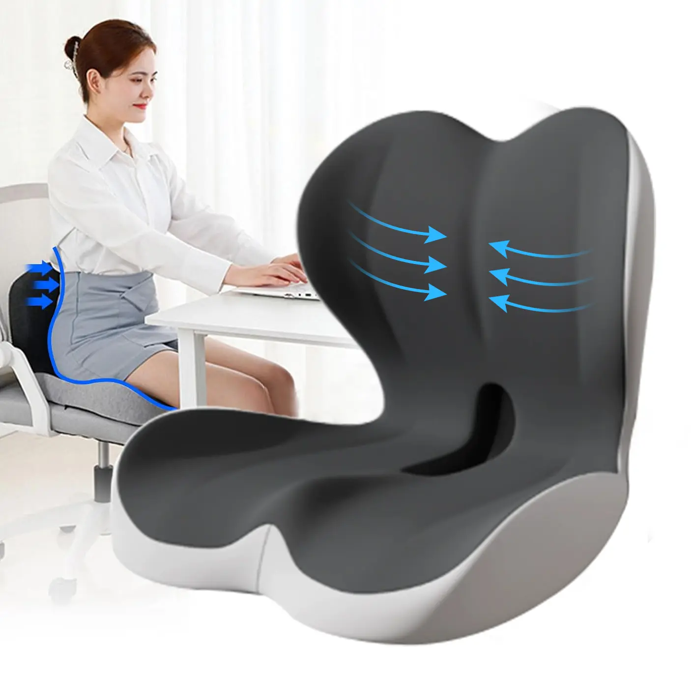 MENOLY Soft Gentle Mesh Breathable Non-Slip Memory Cotton Core Seat Cushion - Removable Extended Zipper Cover, Curved Ergonomic Back Support, Waist and Hip Pressure Relief for Sciatica, Leg Pain, Posture Fix (Office Use, Home Leisure)