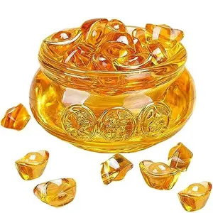 Golden Treasure Basin and About 30 PCS Ingot Yuan Bao, 3In Crystal Glass Treasure Basin Good Luck Wealth Prosperity Figurine for Feng Shui Decor, Home Office Decor Chinese Gifts