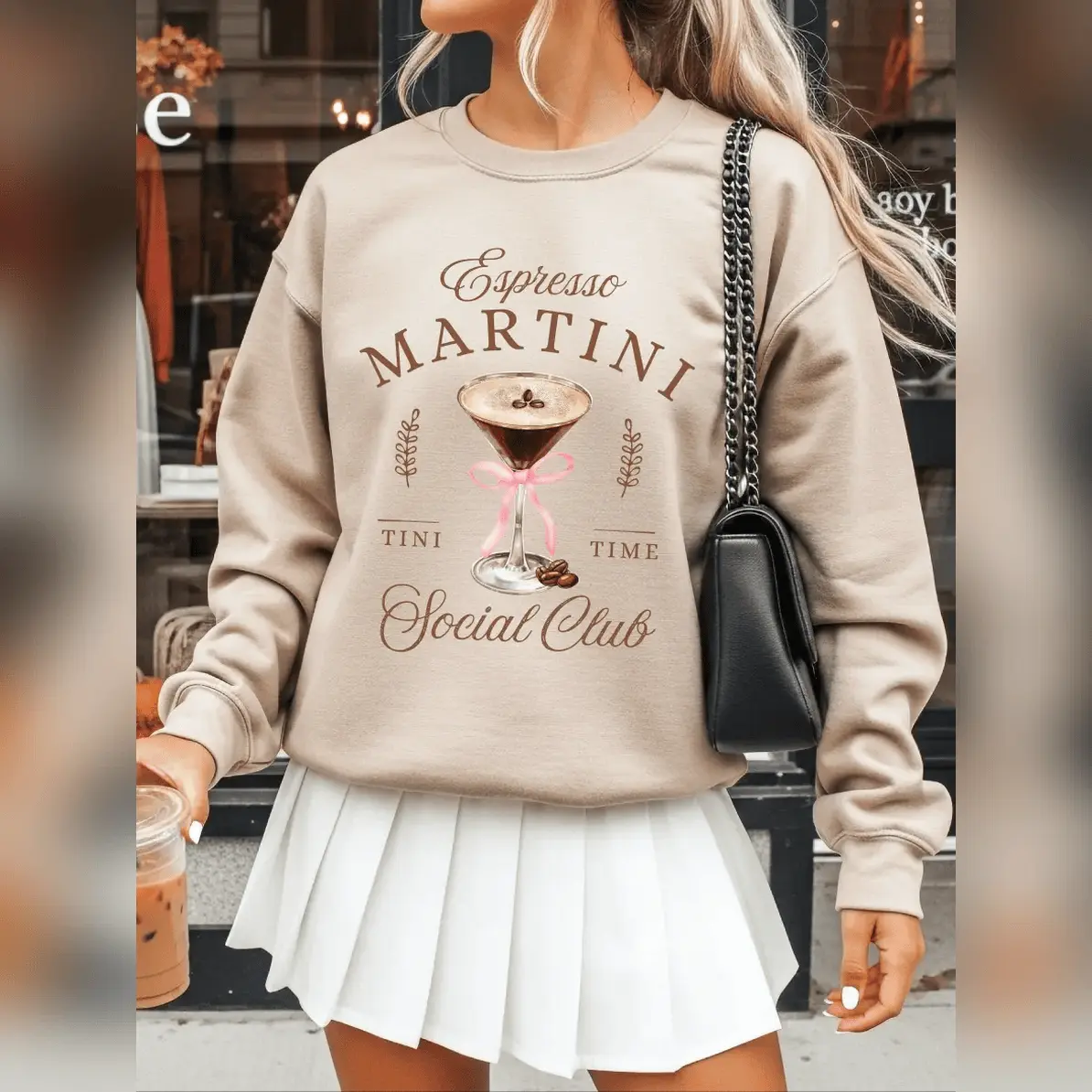 Women's Crewneck Printed Pullover Sweatshirt - Casual Espresso Martini Social Club Graphic Top, Soft Cotton Blend, Loose-Fitting, Unisex Sizes, Machine Washable for Outdoors, Holiday, Street Use, Alternative Style