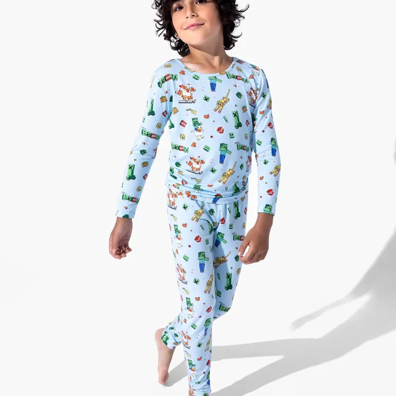 Minecraft Chicken Jockey Gaming Kids' Bamboo Pajama Sets, Cozy Long-Sleeve Colorful Cartoon Character Graphic Sleepwear, Flexible Stretch All Seasons Temperature Reg Loungewear