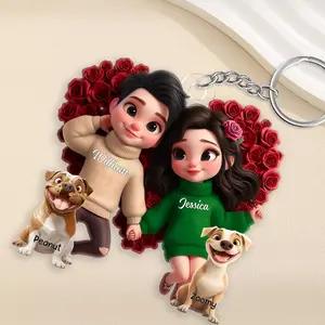 Personalized Couple & Pets Acrylic Keychain, Custom Cartoon Couple with Names and Dogs Keychain, Romantic Heart Rose Keepsake, Anniversary Valentine Gift