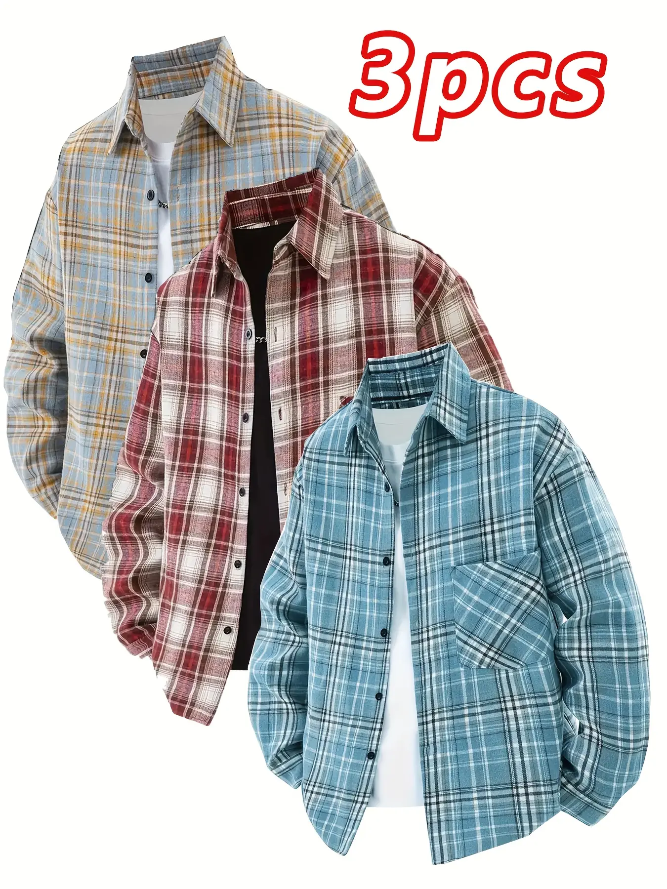 Men's 3-Pack Checked Collared Long Sleeve Retro Casual Menswear Tops - Loose, Comfortable Fit, Minimalist, Stylish, All-Season, Versatile, Ideal Holiday Gift
