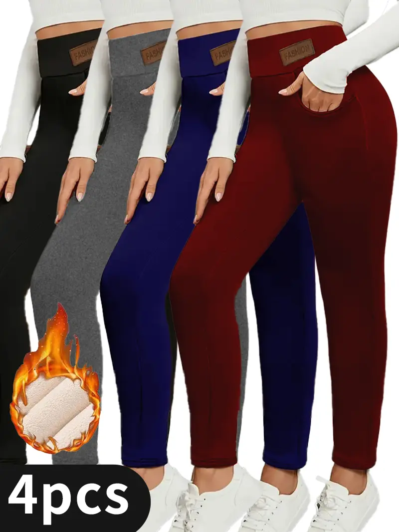 4 Pcs High-Stretch Fleece Yoga Pants with Pocket, Women's Solid Color Activewear Leggings for Running Fitness Sports Gym Yoga Wear Athletic Trousers
