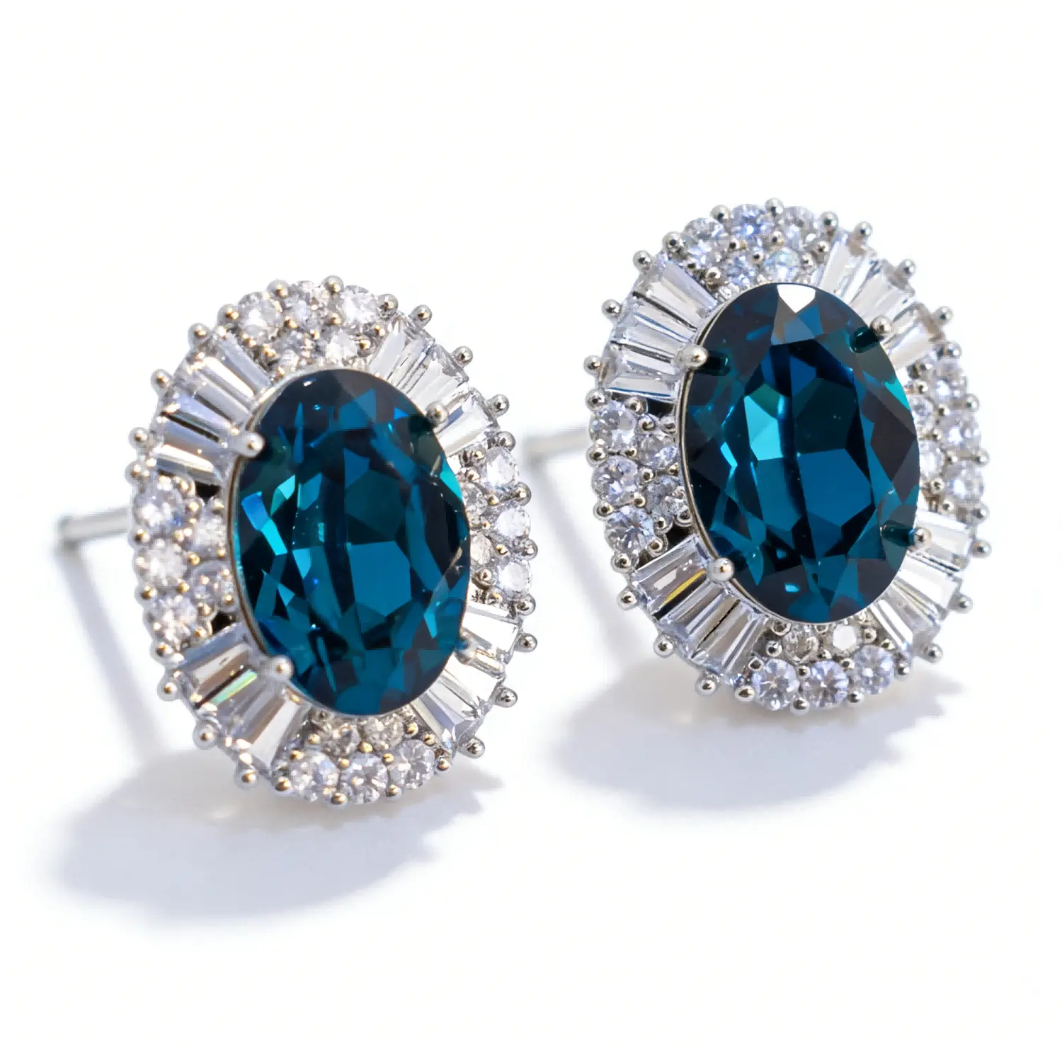 Royal Vintage 18K Platinum Plated S925 Post Sapphire Blue Oval Halo Stud Earrings Hypoallergenic Tarnishfree FaceBrightening Jewelry for Bridal Gala and Professional Elite Free Experess