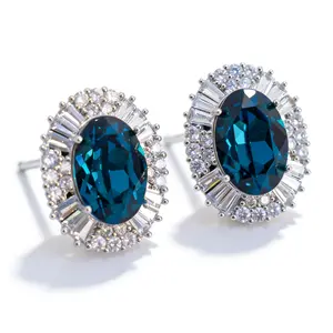 Royal Vintage 18K Platinum Plated S925 Post Sapphire Blue Oval Halo Stud Earrings Hypoallergenic Tarnishfree FaceBrightening Jewelry for Bridal Gala and Professional Elite